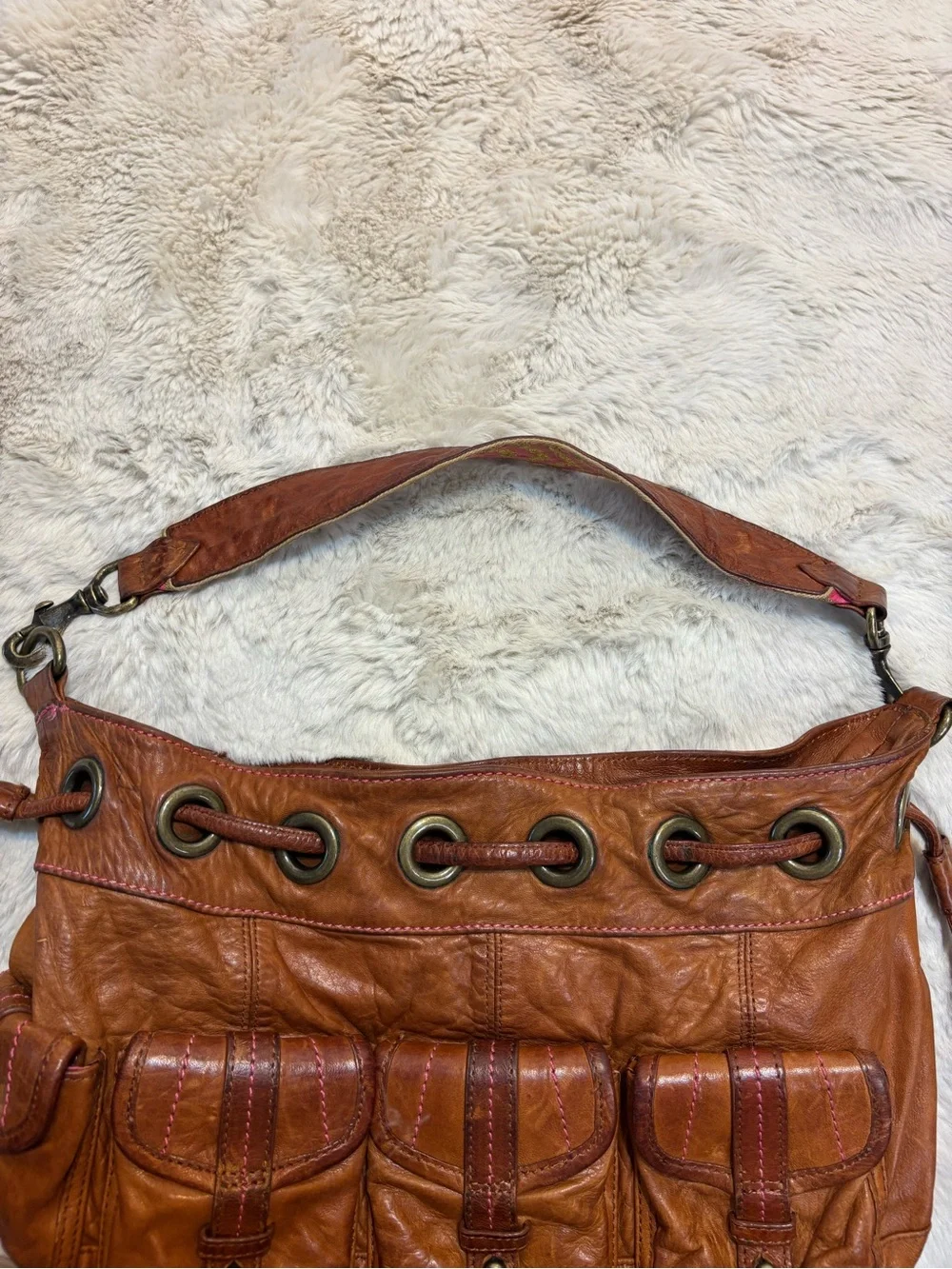 Plenty by Tracy Reese Brown Leather Hobo Bag Boho Y2K Cargo Multi Pocket